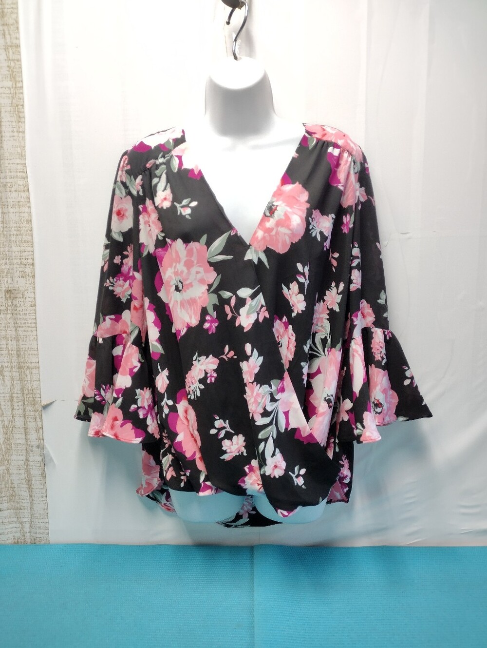 INC International Concepts Floral Wrap Blouse Tunic Bell Sleeve Bubble Hem - L